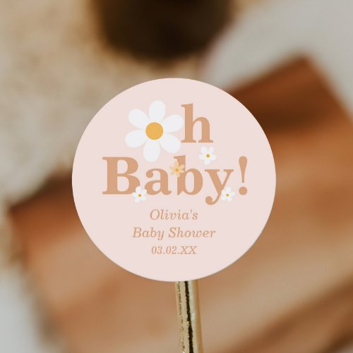 Blush Boho Retro Daisy Oh Baby Shower Classic Round Sticker
