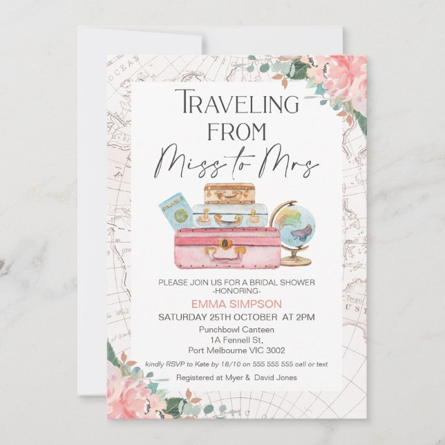 Blush Boho Traveling Miss to Mrs Bridal Shower Invitation (Front)