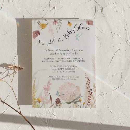 Blush BOHO Watercolor Floral Butterfly Baby Girl  Invitation