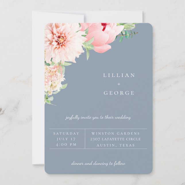 Blush Botanical | Dusty Blue Wedding Invitation (Front)