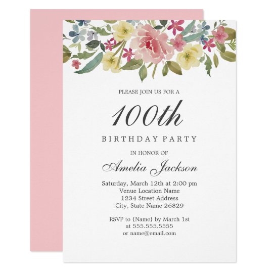 Blush Botanical Watercolor 100th Birthday Party Invitation Zazzle Com