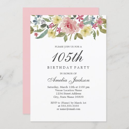 Blush Botanical Watercolor 105th Birthday Party Invitation