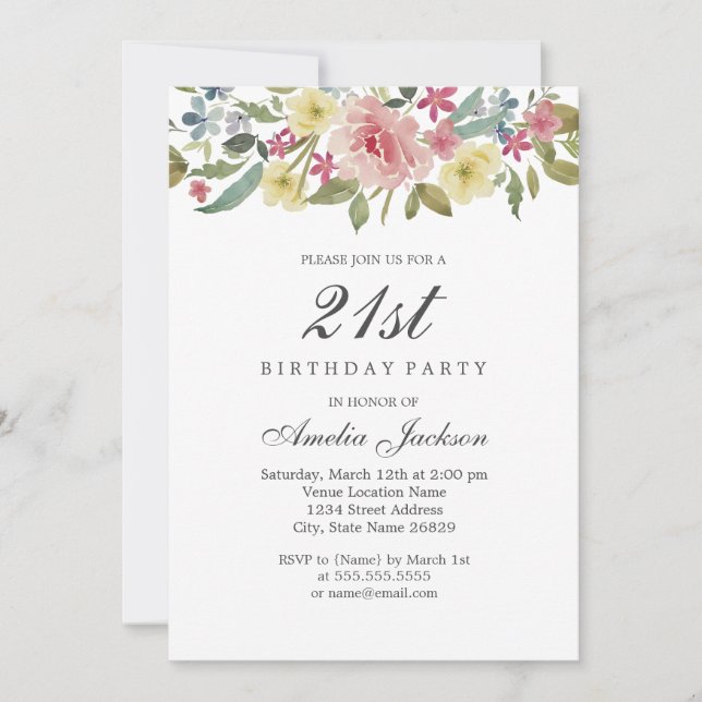Blush Botanical Watercolor 21st Birthday Party Invitation (Front)