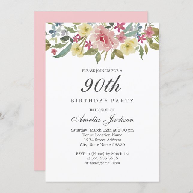 Blush Botanical Watercolor 90th Birthday Party Invitation (Front/Back)