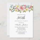 Blush Botanical Watercolor 90th Birthday Party Invitation (Front)