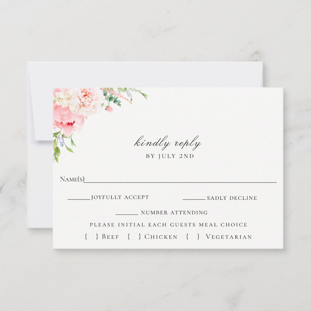 Blush Botanical Wedding RSVP Meal Choice Card | Zazzle