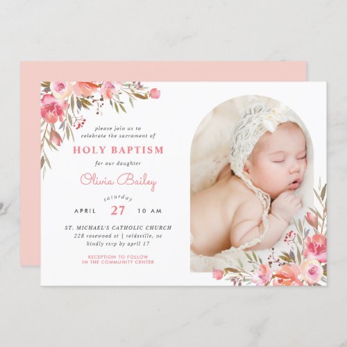 Blush Bouquet Floral Baby Girl Photo Baptism Invitation