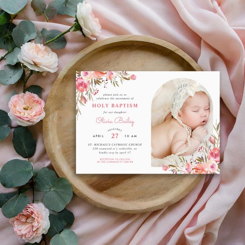 Blush Bouquet Floral Baby Girl Photo Baptism Invitation