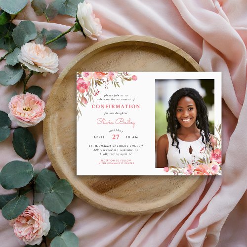 Blush Bouquet Floral Photo Confirmation Invitation