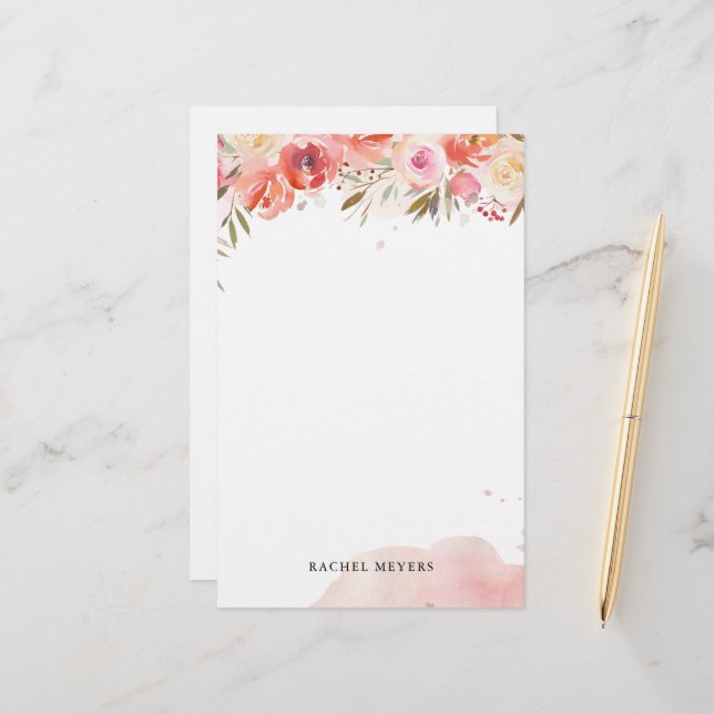 Blush Bouquet Personalized Name Monogram Stationery (Front/Back In Situ)