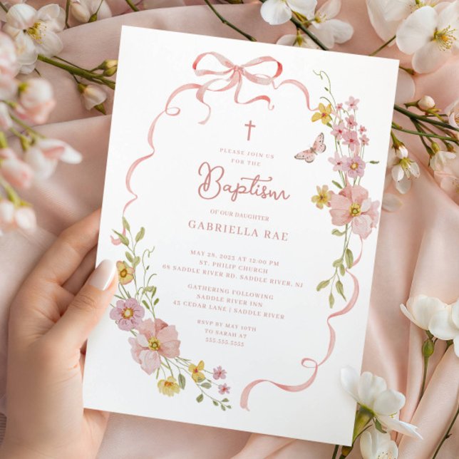 Blush Bow Floral Baptism Invitation (Creator Uploaded)