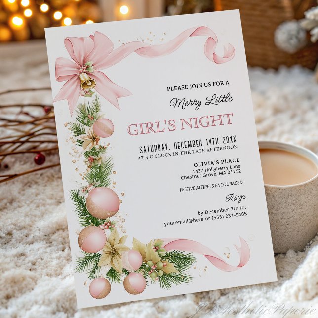 Blush Bow Ornament Christmas Party Invitation   (Creator Uploaded)
