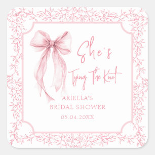Blush Bow Tying the Knot Bridal Shower Favors Square Sticker