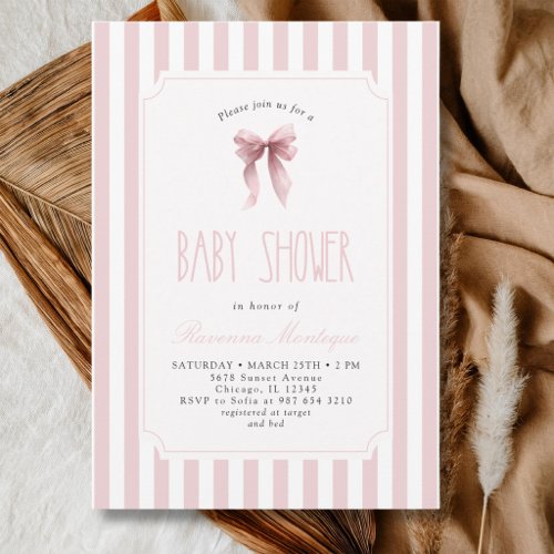 Blush Bow Vintage Blush Pink Striped Baby Shower Invitation