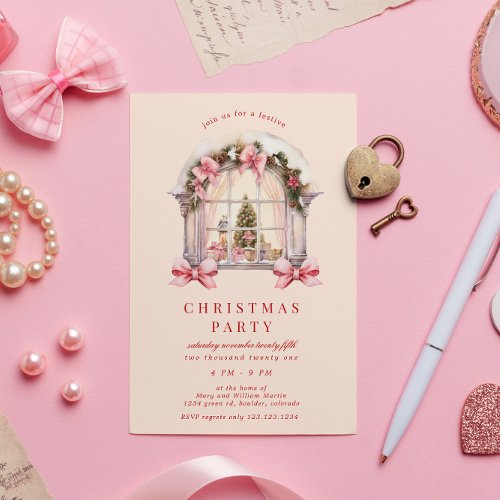 Blush Bows Christmas Party Invitation