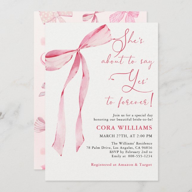 Blush & Bows She's About To Say Yes Bridal Shower Invitation (Front/Back)