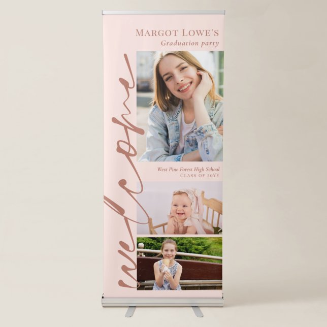 Blush Brass Calligraphy 3 Photo Graduation Welcome Retractable Banner (Front)