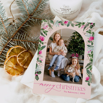 Blush Bright Pink Greenery Arch Christmas 1 Photo Holiday Card by PeachBloome at Zazzle