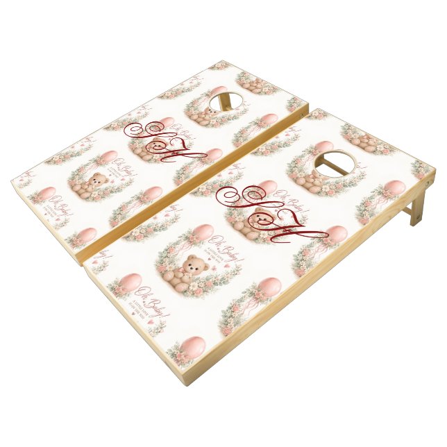 blush brown bearfloral watercolour cornhole set (Angled)