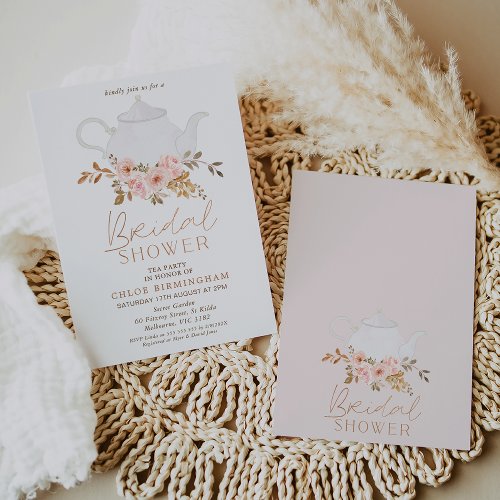 Blush Brown Boho Floral Tea Party Bridal Shower Invitation