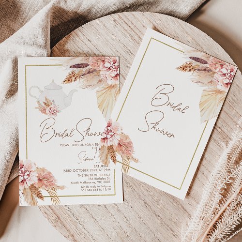 Blush Brown Boho Floral Tea Party Bridal Shower Invitation