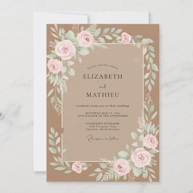 Blush Brown Botanical Watercolor Wedding Invitation (Front)