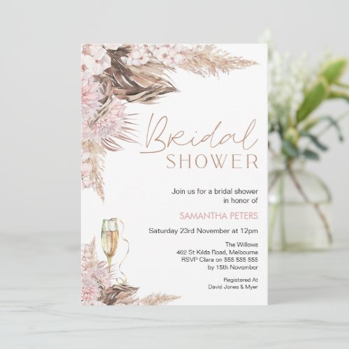 Blush Brown Floral Bohemian Bridal Shower  Invitation