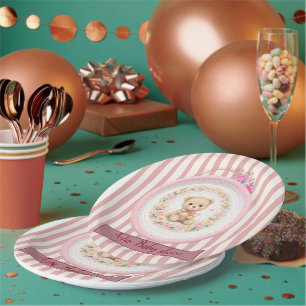 blush brown teddy bear floral watercolour paper plates