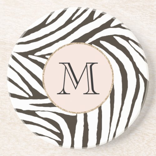 Blush Brown Zebra Print Monogram Coaster