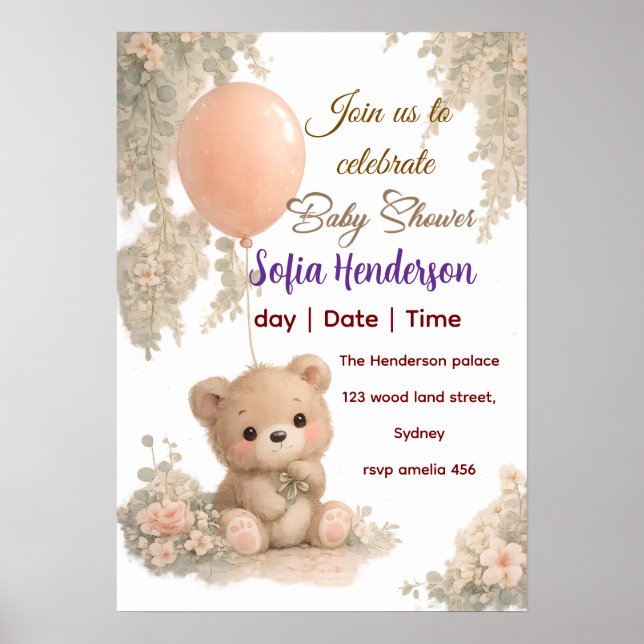 blush brownwatercolour pink brown teddybear Poster (Front)