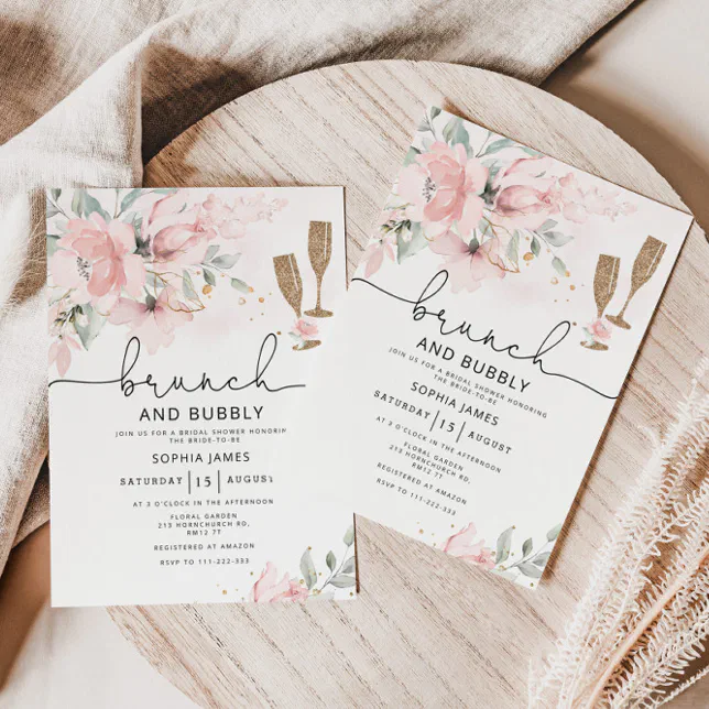 Blush Brunch and bubbly bridal shower invitation | Zazzle