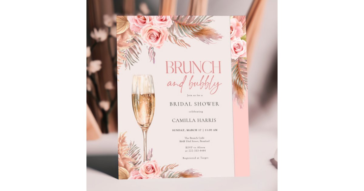 Blush Brunch and Bubbly Pampas Grass Bridal Shower Invitation | Zazzle