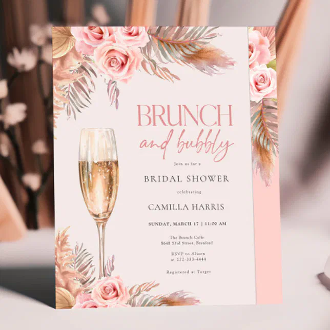 Blush Brunch and Bubbly Pampas Grass Bridal Shower Invitation | Zazzle