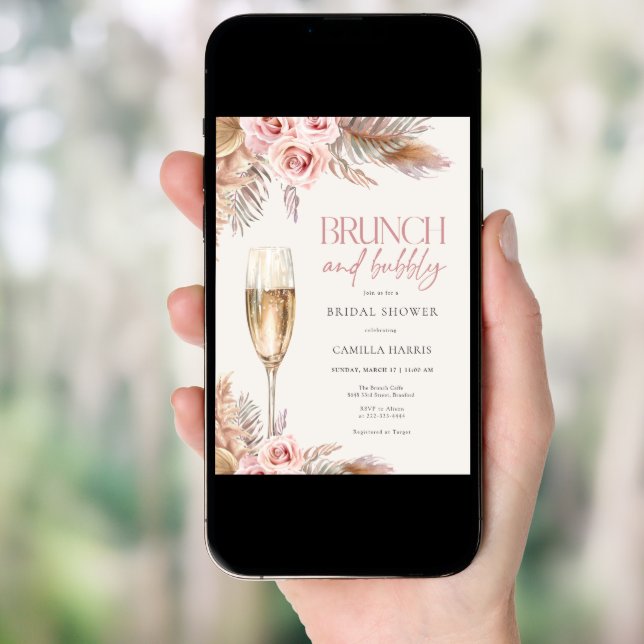 Blush Brunch and Bubbly Pampas Grass Bridal Shower Invitation (Front Digital)