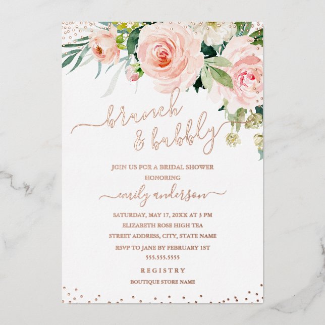 Blush Brunch And Bubbly ROSE GOLD Bridal Shower  Foil Invitation (Front)