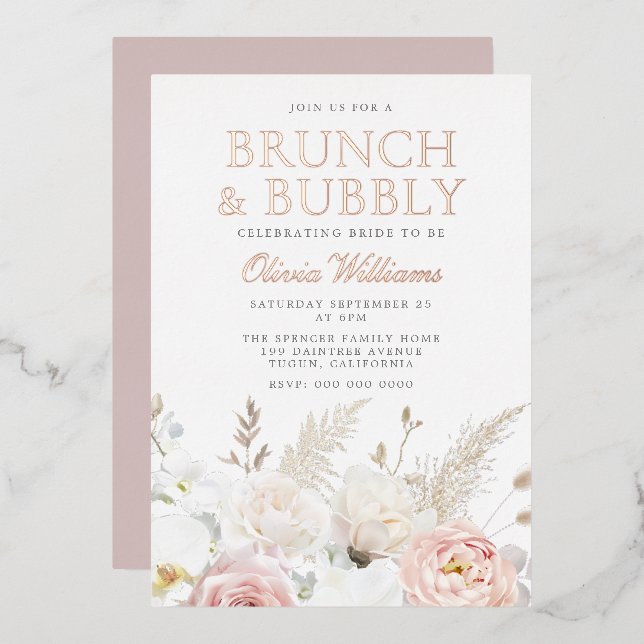 Blush Brunch & Bubbly Bridal Shower Rose Gold  Foil Invitation (Front/Back)