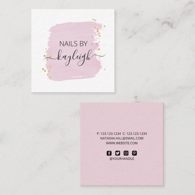Blush Brush Stroke Gold Dots Square Business Card (Front/Back)