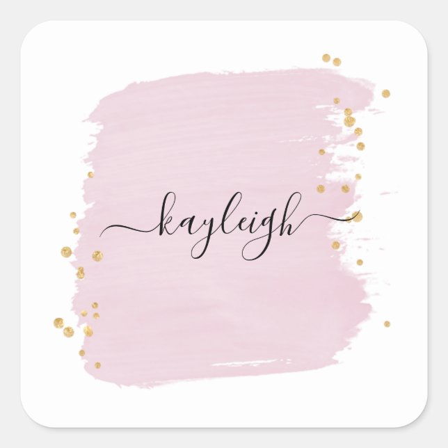Blush Brush Stroke Gold Dots Square Sticker (Front)