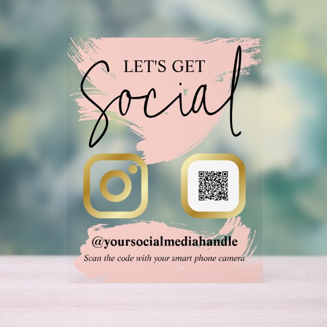 Blush Brushstrokes Faux Gold Let's Get Social Acrylic Sign (Neutral)