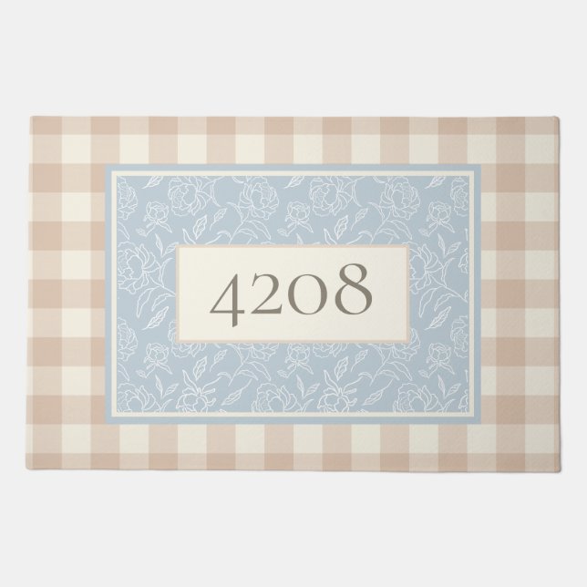 Blush Buffalo Check Blue Floral Botanical Doormat (Front)