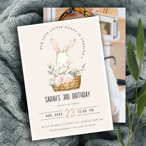 Blush Bunny In Floral Basket Kids Photo Birthday Invitation