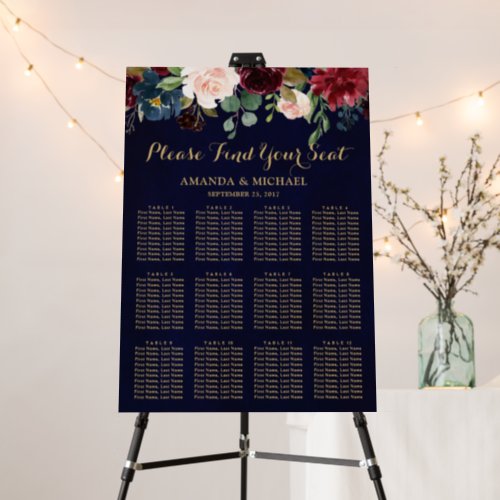 Blush Burgndy Navy Floral Wedding Seating Chart Foam Board