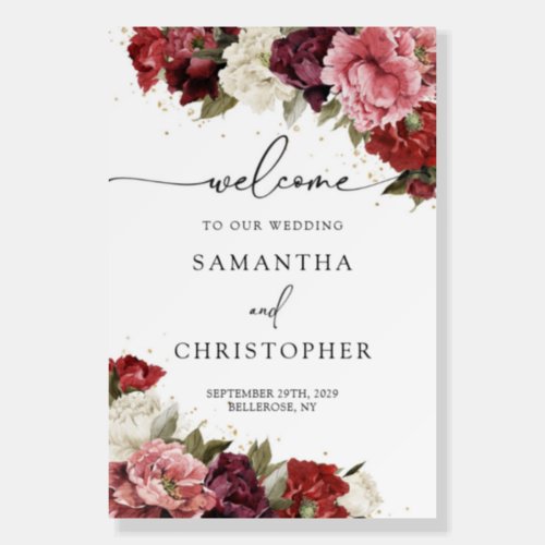 Blush burgundy and mauve peonies wedding welcome  foam board