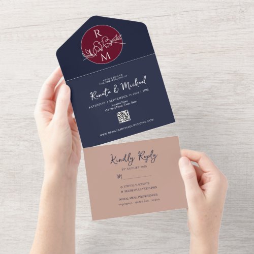 Blush Burgundy and Navy Blue Wedding All In One Invitation