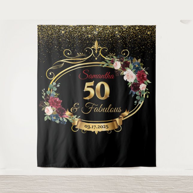 Blush Burgundy and Navy Floral Birthday Backdrop (Front)