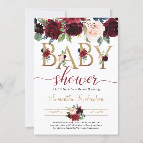 Blush Burgundy and Navy Floral Boho Baby Shower Invitation