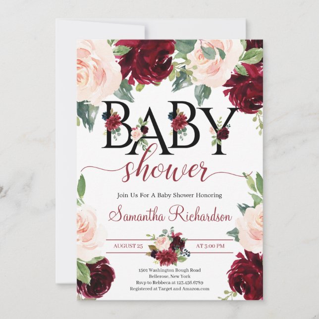 Blush Burgundy and Pink Floral Boho Baby Shower Invitation (Front)