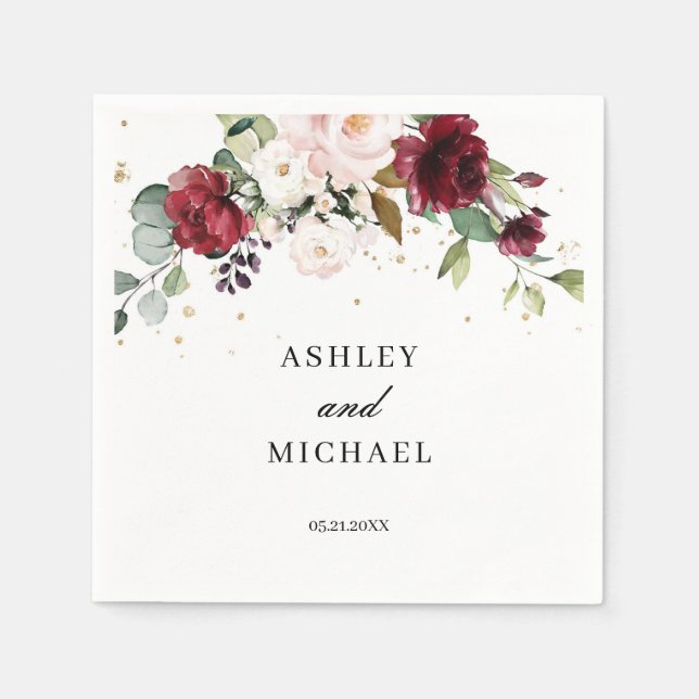 BLush Burgundy and Pink Floral Boho Napkins (Front)