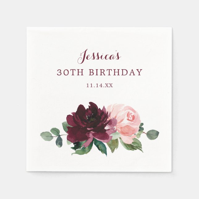 Blush Burgundy Birthday Napkin Cocktail Napkin (Front)
