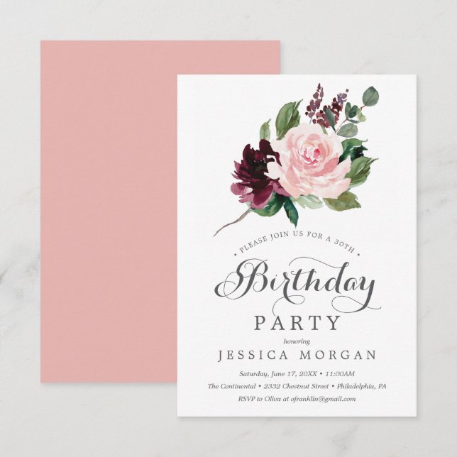 Blush Burgundy Birthday Party Invitation Card (Front/Back)